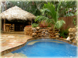 swimming pool with spa and tiki hut in the background